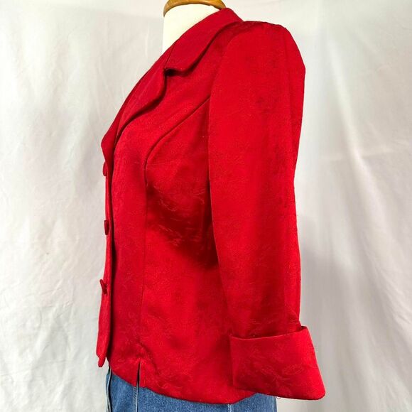 VTG 90s MARK FARREL Red Jacquard Brocade Cropped‎ Blazer Jacket Womens 7/8 Retro - Picture 2 of 5